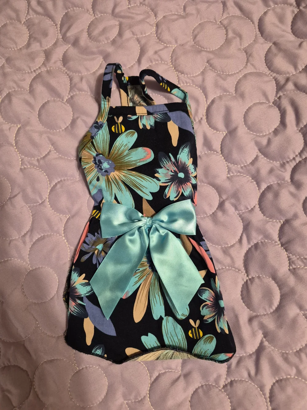 Floral Black Dog Dress with Aqua Bow